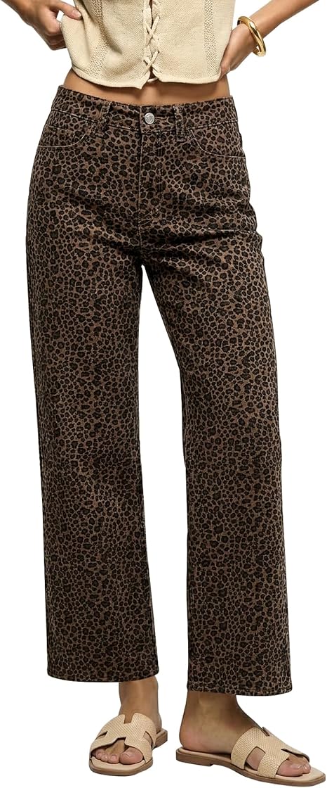 luvamia Wide Leg Jeans Woman Trendy High Waisted Leopard Cheetah Print Ankle Length Stretchy Denim Pants with Pockets